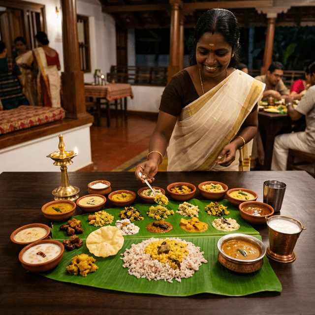 Full Kerala Sadhya spread on banana leaf at wedding in Kochi
